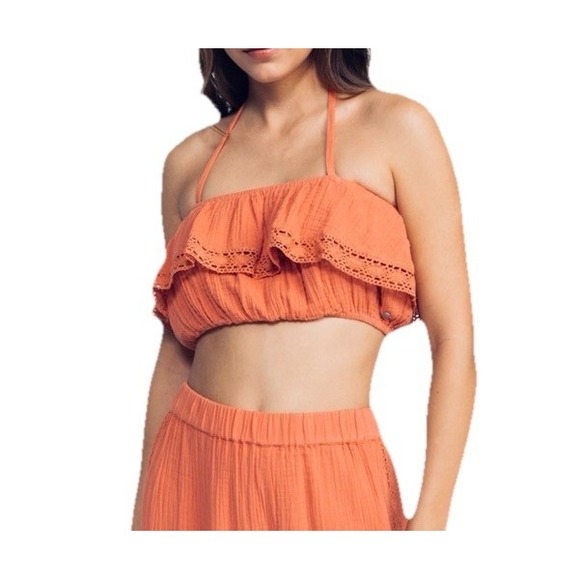 Roxy Golden Tropic Crochet Trim Cotton Crop Top NWT Boho Festival Apricot Size S - Picture 1 of 9